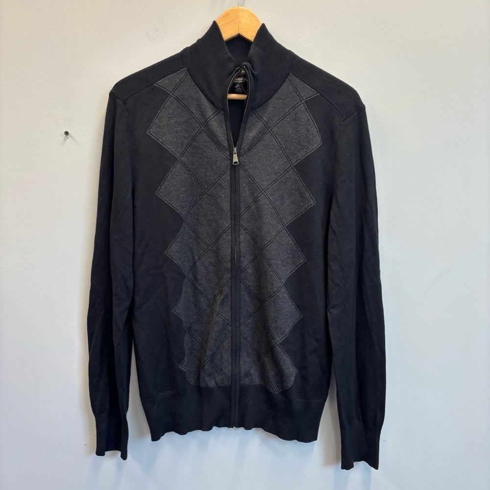 Banana Republic medium Cardigan Silk Cashmere argyle Black Gray Sweater